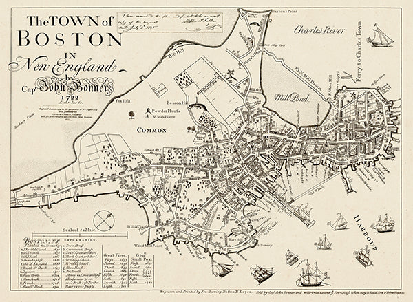 Map: Boston 1722 Captain John Bonner Survey Reprinted 1867
