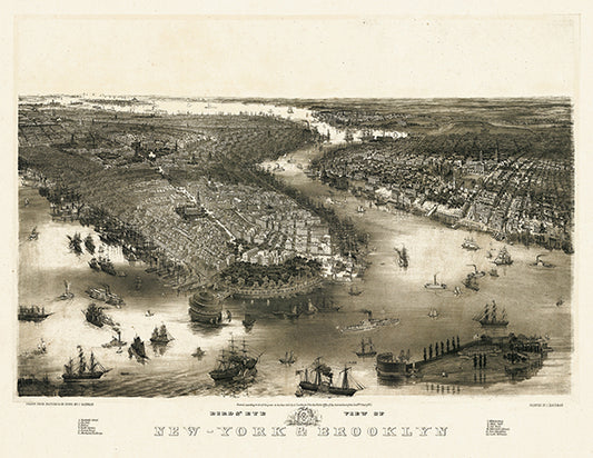 Map: New York City and Brooklyn 1851 Bird's Eye View 17x22, New York City and Brooklyn 1851 Bird's Eye View (1851)