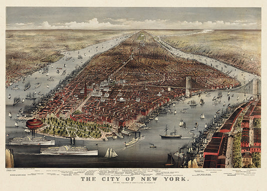 Map: New York City 1876 Bird's Eye View 17x25, New York City 1876 Bird's Eye View (1876)