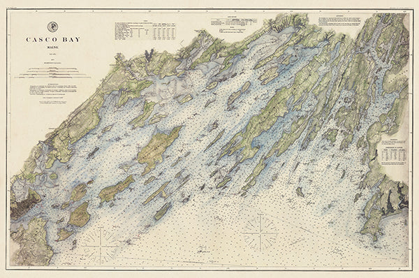 Map: 	Casco Bay Chart 1870 Maine - Hand Coloring by John R. Barrows , Casco Bay Chart 1870 Maine - Hand Coloring by John R. Barrows  (1870)