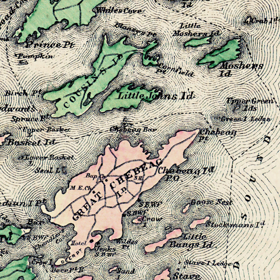 Map: Casco Bay, Scarborough, Cape Elizabeth, Portland, Falmouth, Cumberland, Yarmouth, Freeport, Peaks Island, Maine State Atlas 1884 (1884)